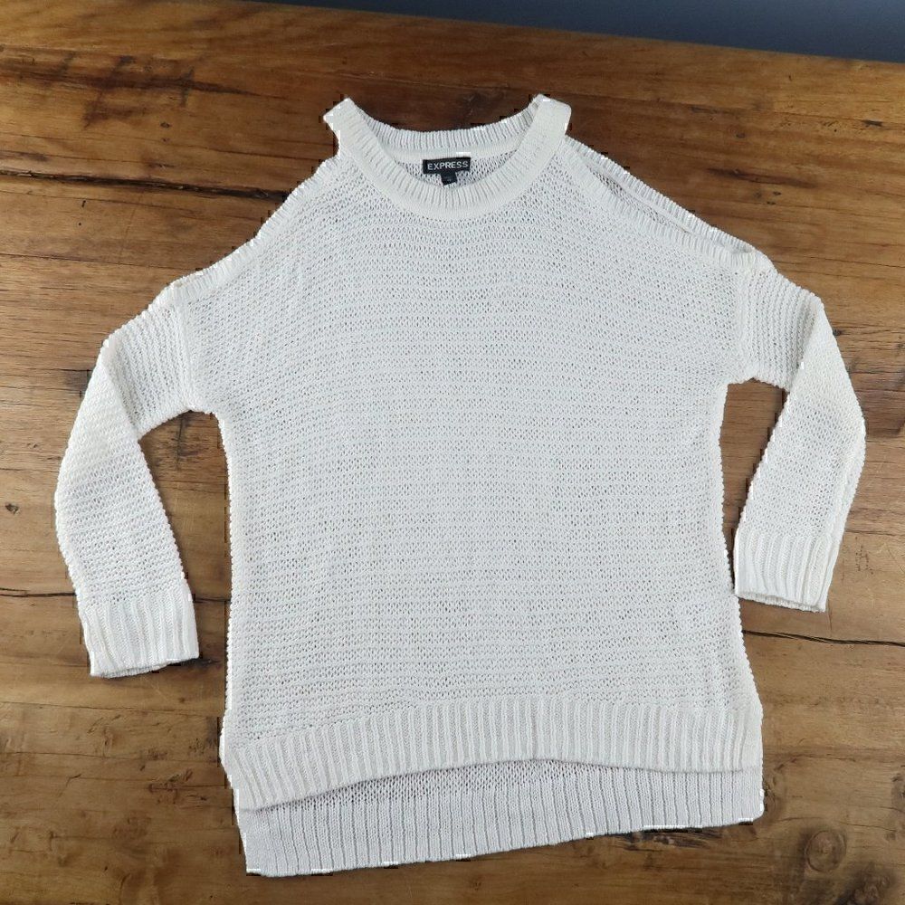 EXPRESS IVORY COLD SHOULDER CREW NECK LONG SLEEVE KNIT SWEATER SIZE XS